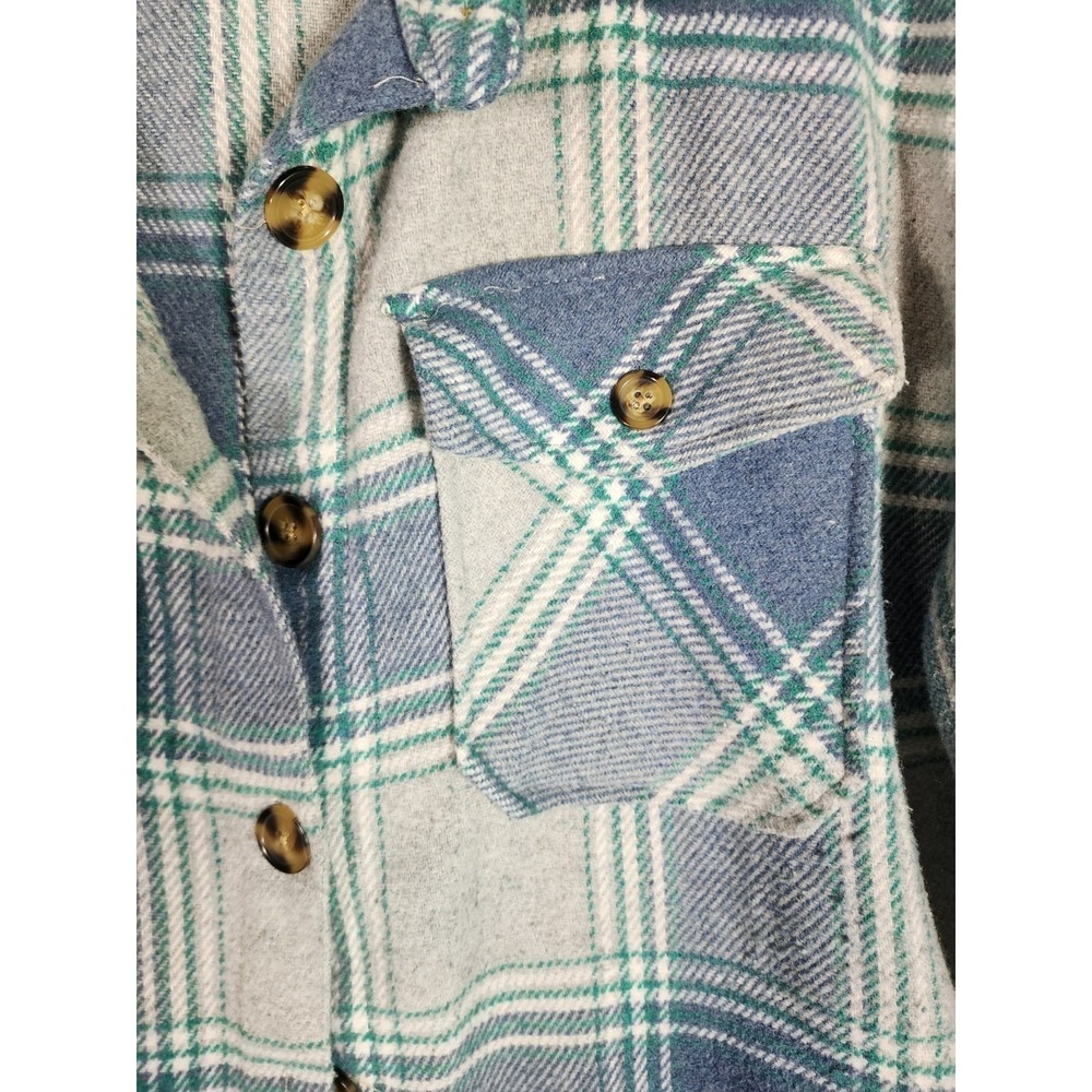 Womens L Blue Green Plaid Shacket Coastal Grandma Cabin Outdoor Flannel Fall - Picture 6 of 9